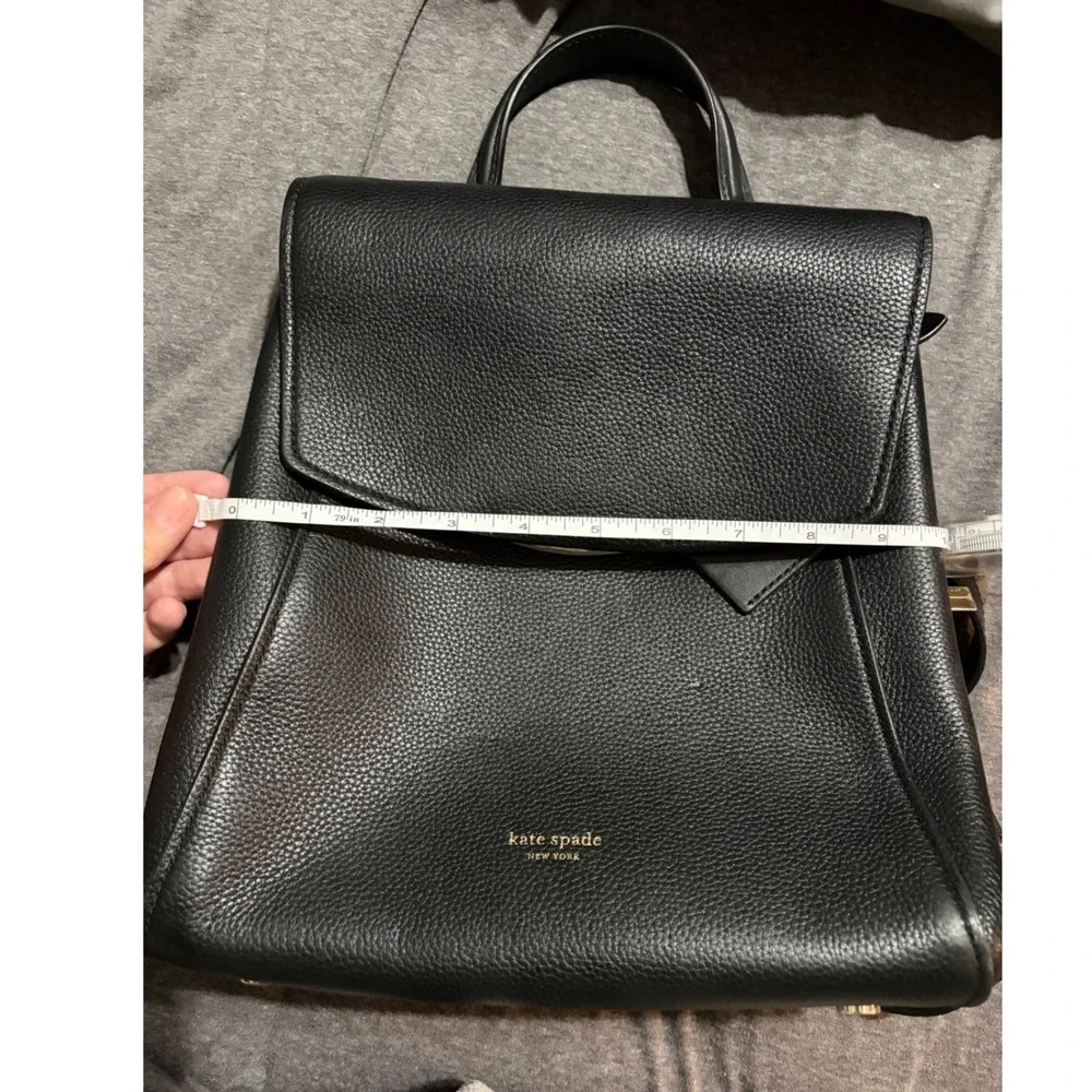 Kate Spade New York Black Pebbled Leather Flap Backpack Gold Hardware Heart Bag